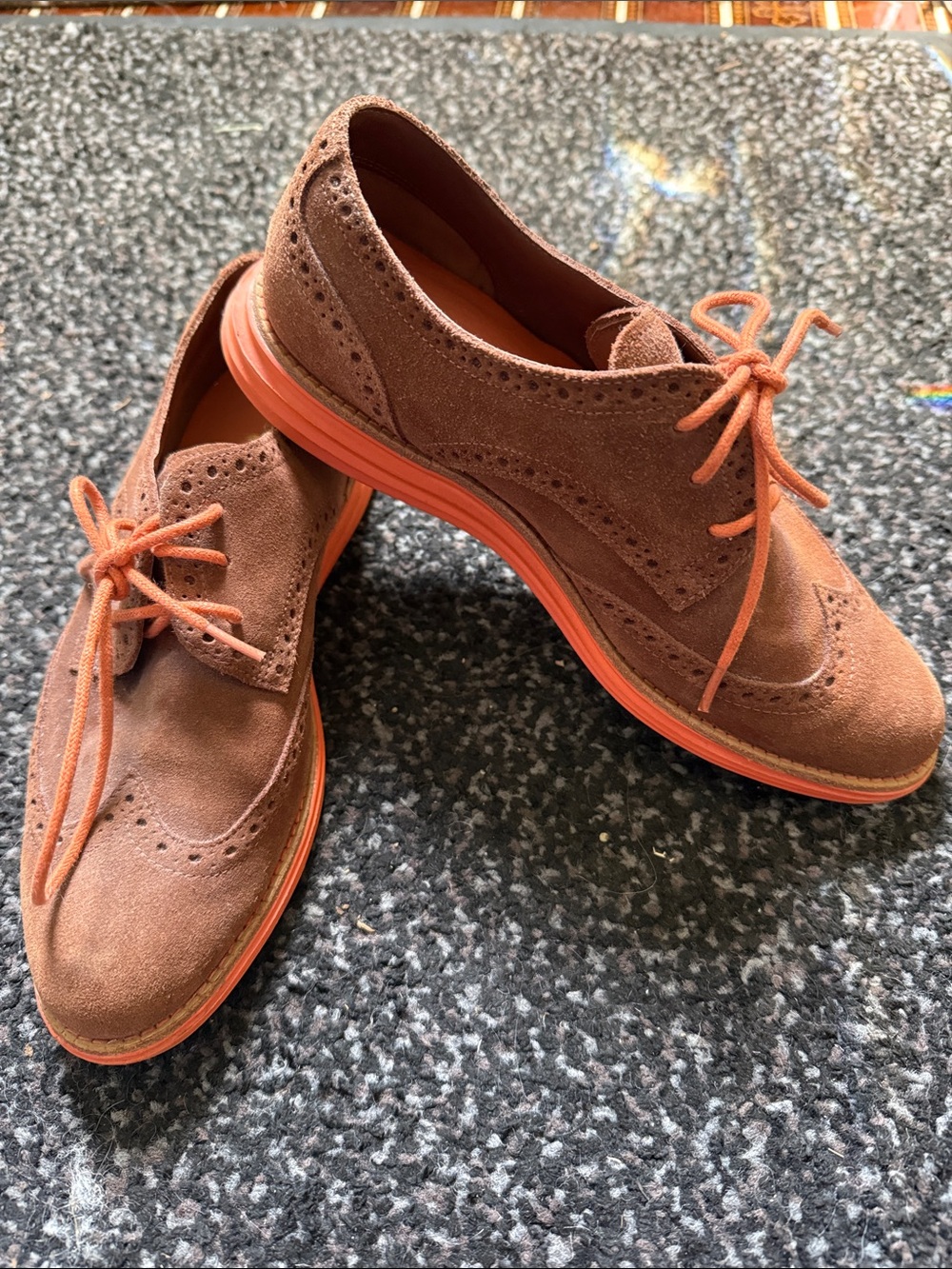 Cole Haan Brown Suede Wingtip Flats with Orange Trim